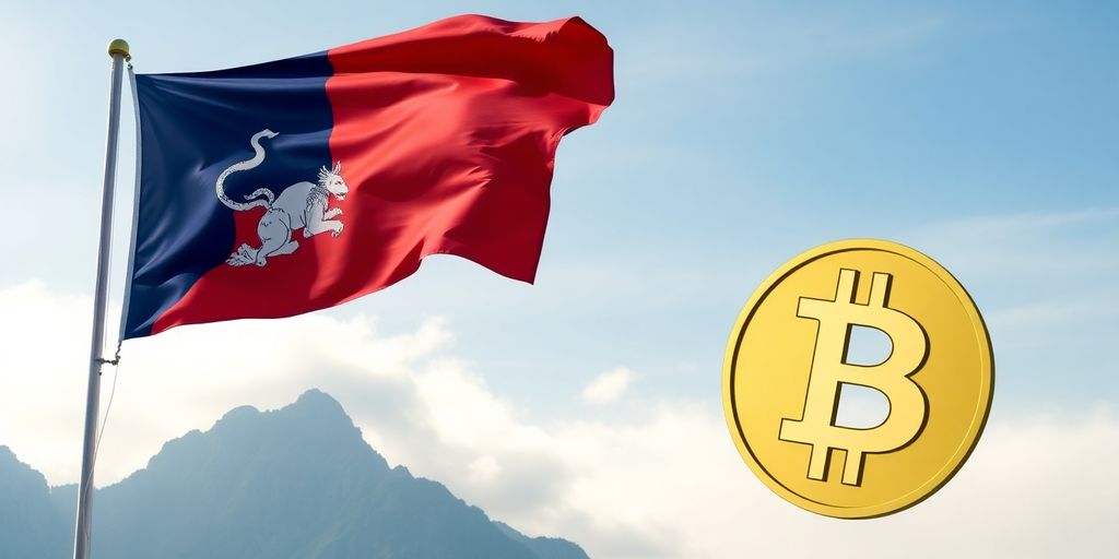 Bhutan flag, Bitcoin symbol, mountain landscape.