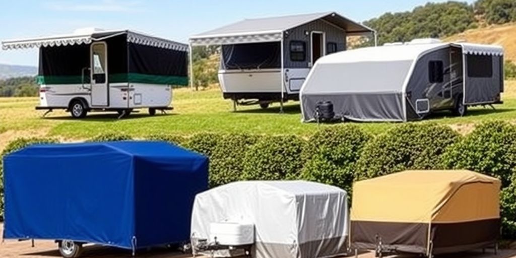 Different styles of pop-up folding camper RV covers outdoors.