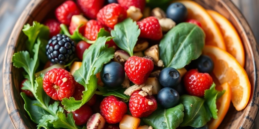 Bowl of colorful anti-inflammatory foods like berries and leafy greens.
