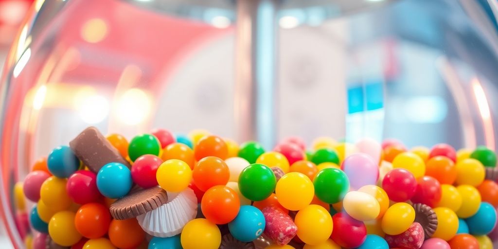 Colorful candy machine with various treats inside.