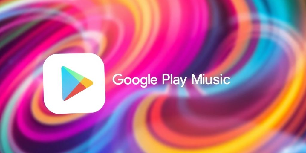 Google Play Music icon surrounded by colorful abstract sound waves.