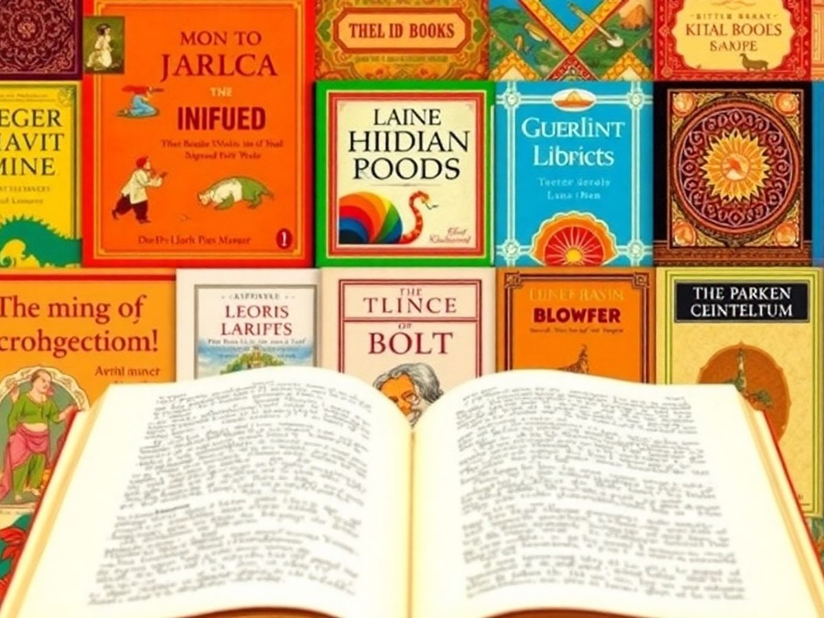Collage of famous Indian book covers and an open book.