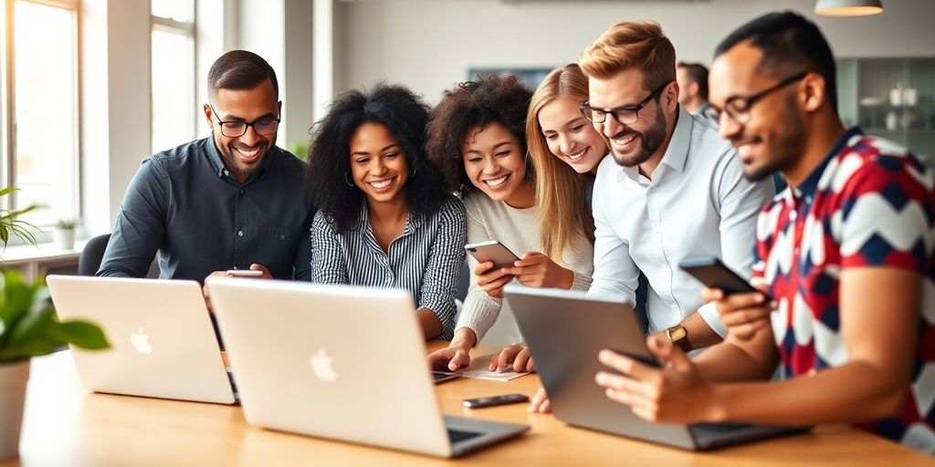 Diverse team collaborating on social media marketing strategies.