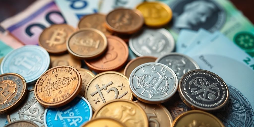 Une photo de diverses pièces et billets de banque.