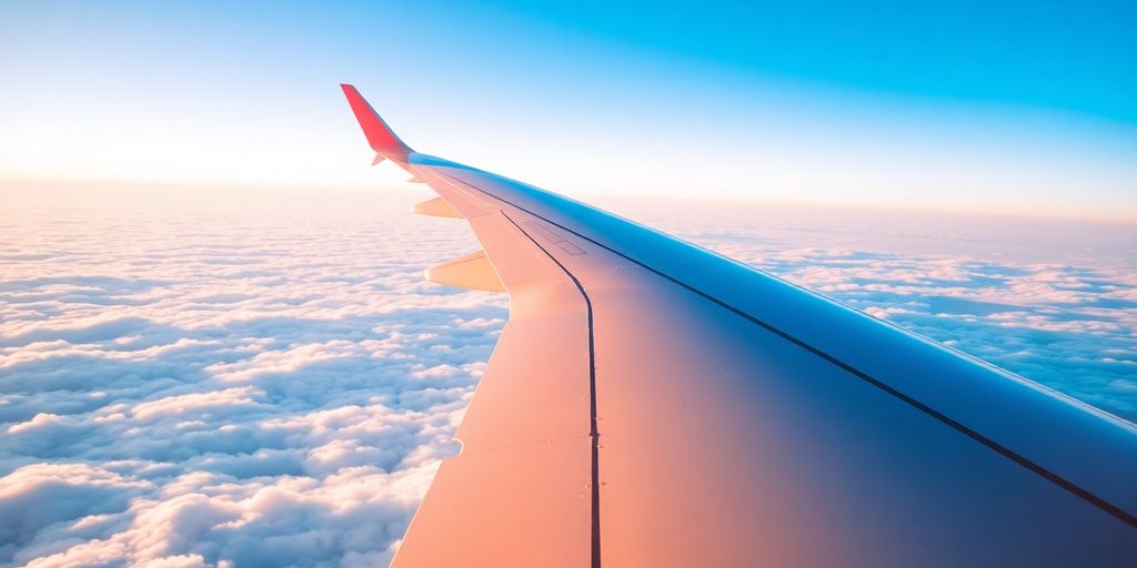 Airplane wing over clouds, sunlit sky.