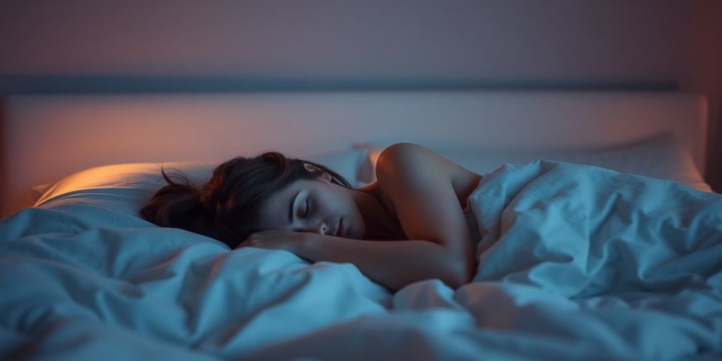 Peaceful person sleeping soundly in a dimly lit bedroom.