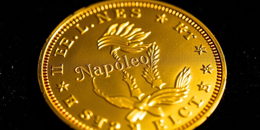 Monnaie Napoléon en or sur un tissu velours.