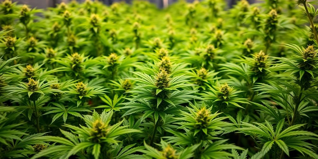 Cannabis plants under grow lights.