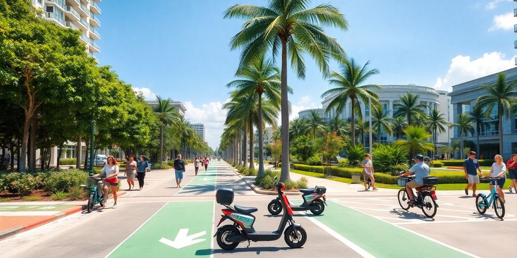Vibrant transportation scene in Aventura, Florida.