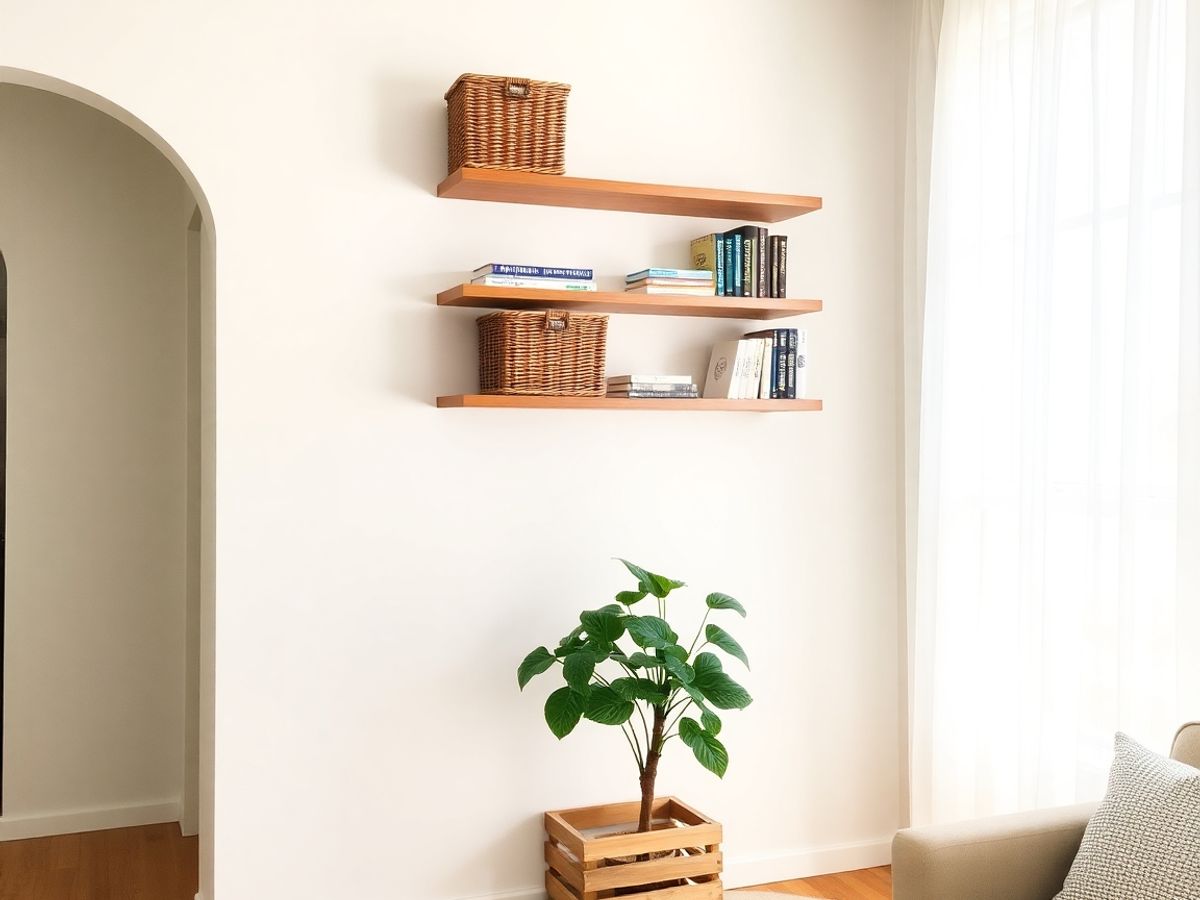 Colț de living cu rafturi plutitoare, coșuri și plantă jos.