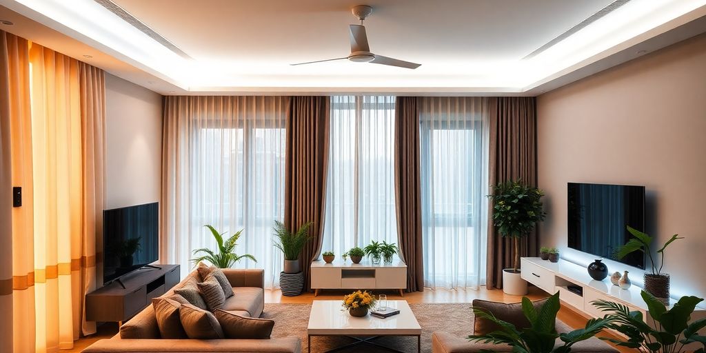 Modern living room with smart home technology and decor.