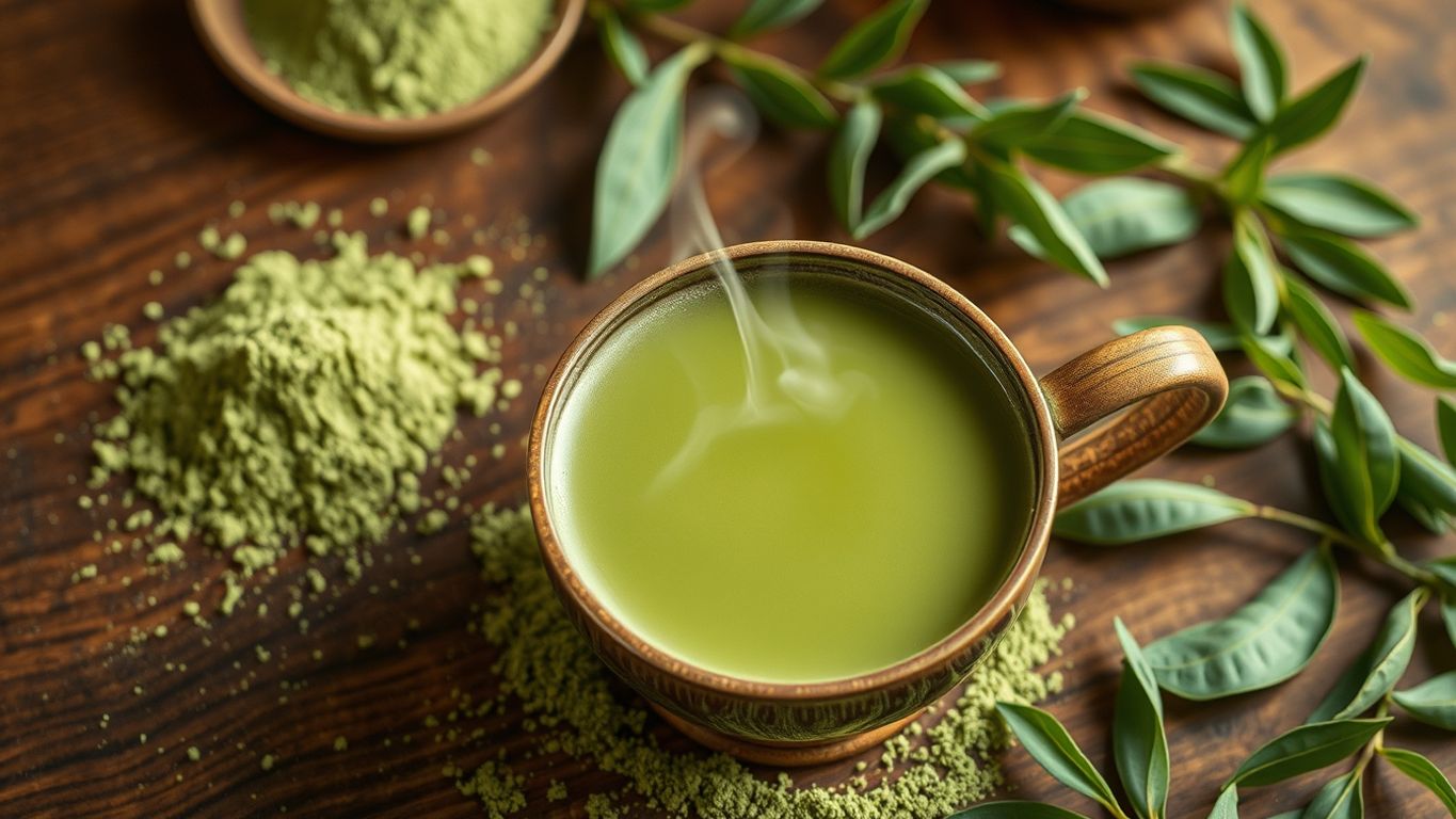 Steaming cup of matcha tea with green tea leaves