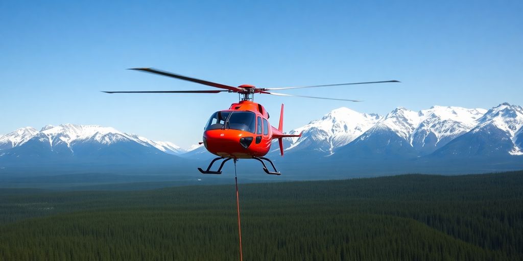 A helicopter with a Bambi bucket flies over an Alaskan forest.