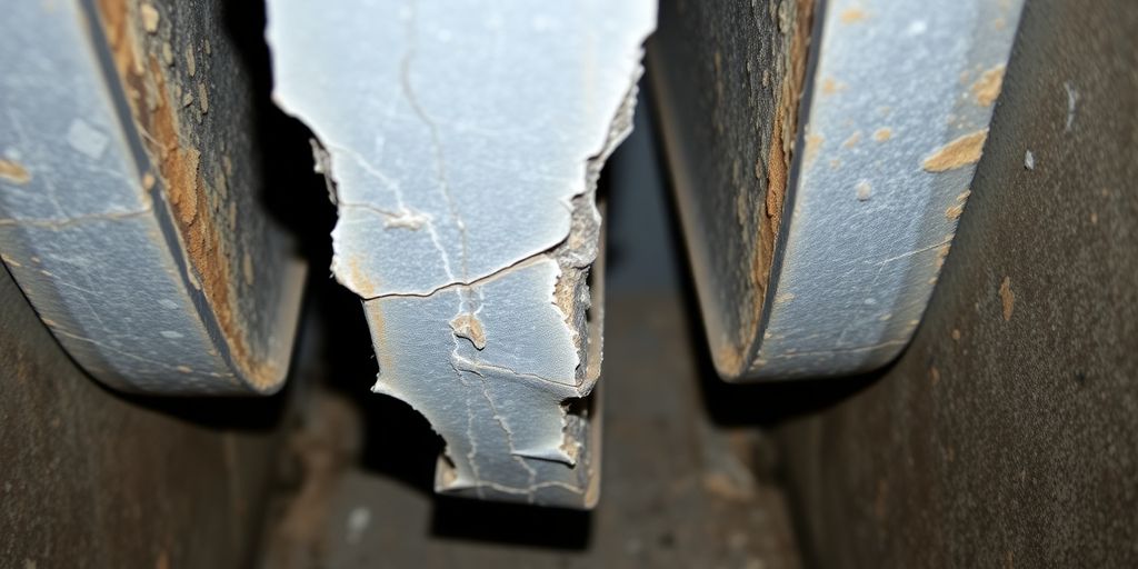 Cracked heat exchanger inside a furnace showing damage.
