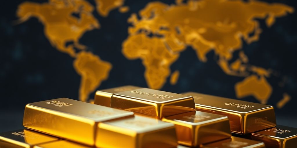 Des lingots d'or empilés sur une carte du monde.