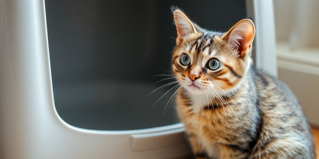 Cat beside a litter box, looking curiously around.