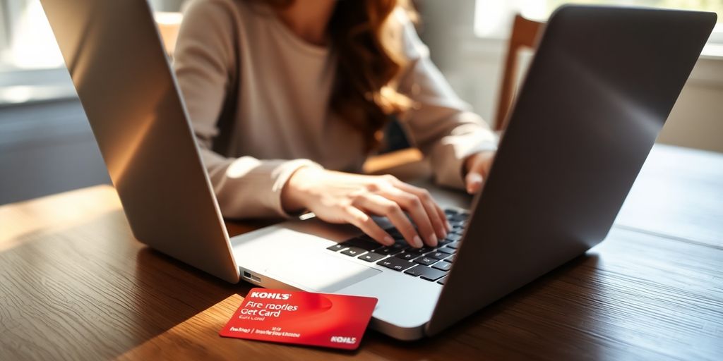 Woman uses laptop, credit card nearby.