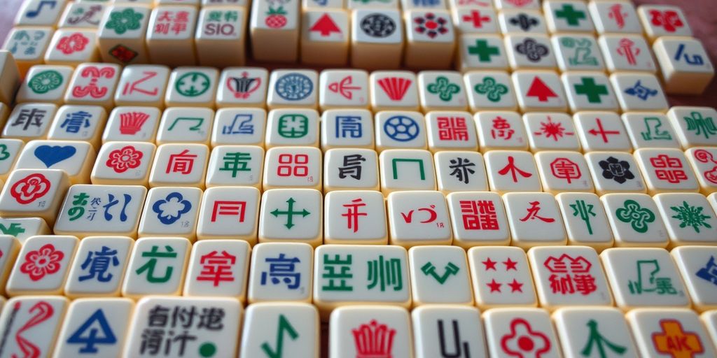 Colorful Mahjong tiles in an intricate pattern.