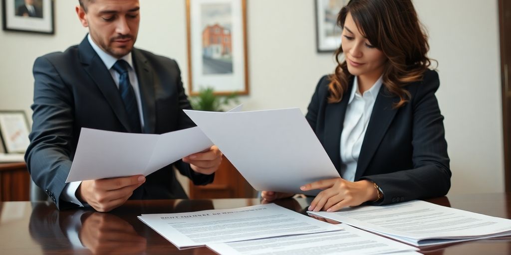 Lawyer reviewing property documents with client.