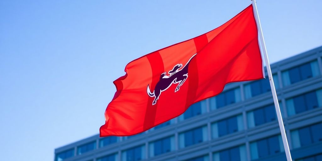 Newfoundland and Labrador flag waving near immigration building.