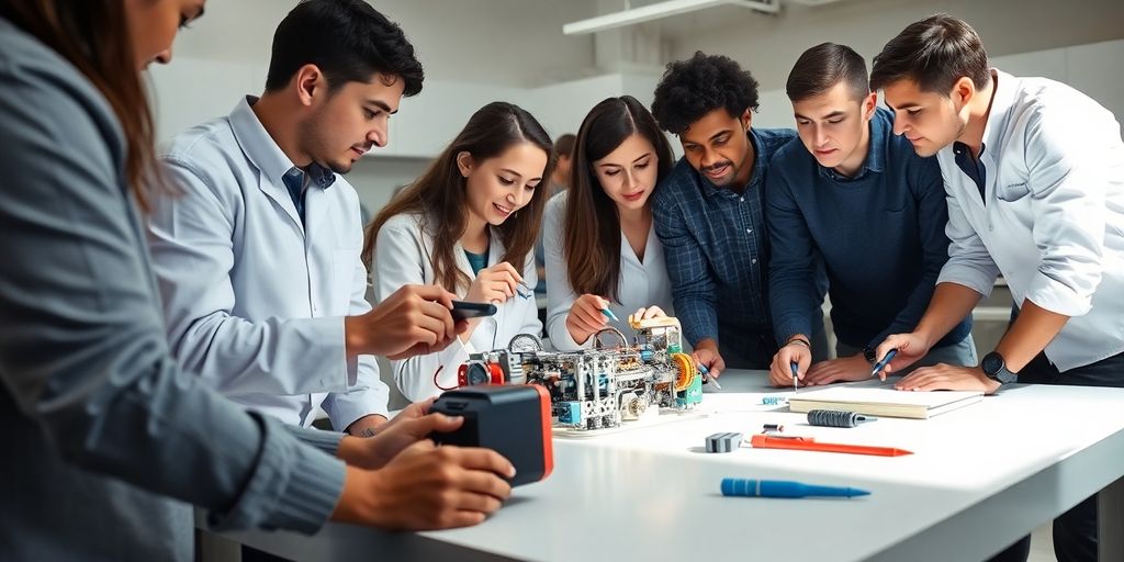 Diverse students and researchers collaborate on a prototype in a modern lab.