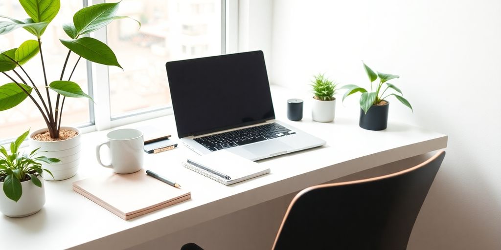 Getting Things Done (GTD) Method: An In-Depth Implementation Guide 2 Organized workspace with laptop and calming plants.