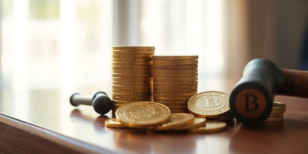 Pièces d'or empilées et un marteau sur une table.