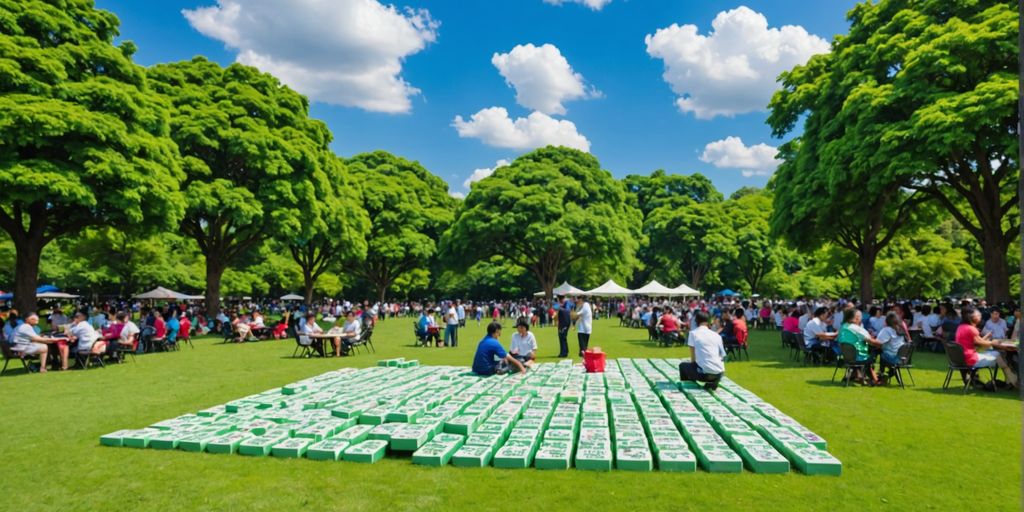 People playing with giant Mahjong tiles in a park.