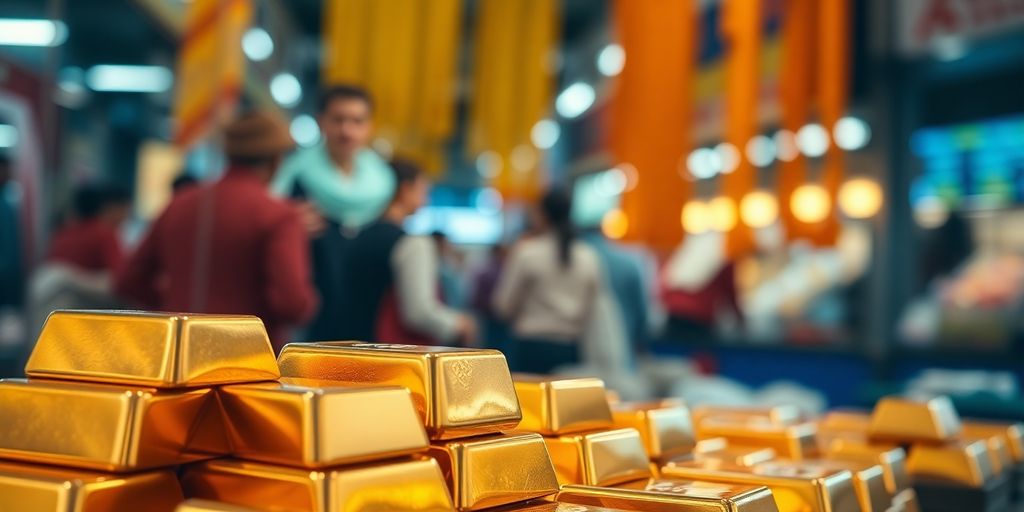 Des lingots d'or empilés dans un marché.