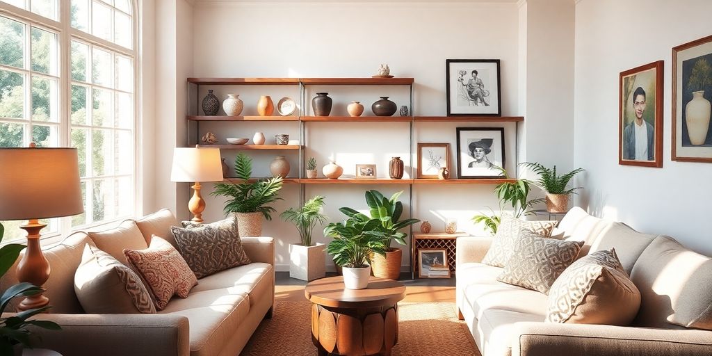 Cozy living room filled with various home decor items.
