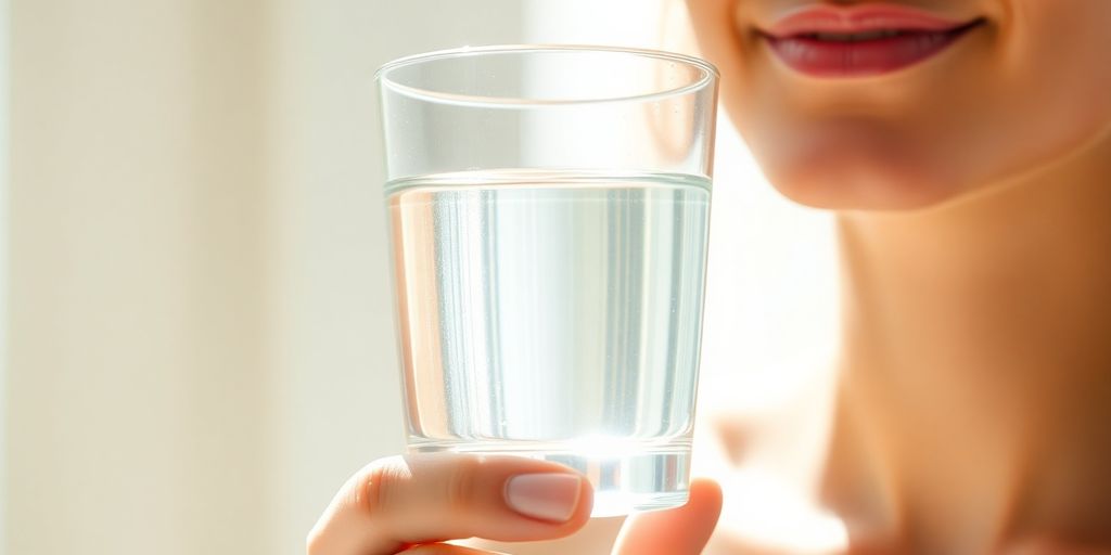 A person drinking water, smiling, with a vibrant gut illustration.