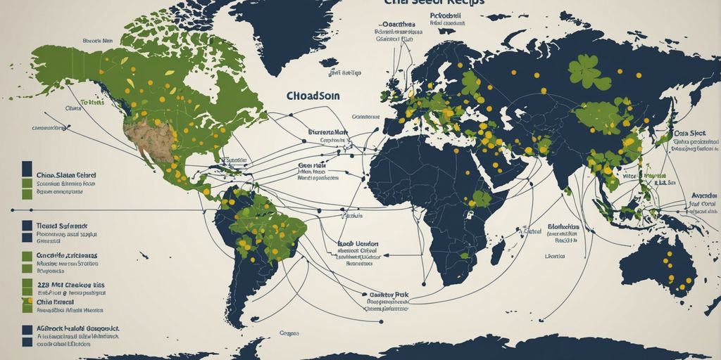 World map with chia seed regions and trade routes.