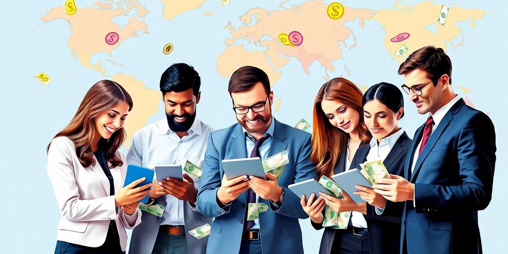 Diverse professionals collaborating with global currencies around them.