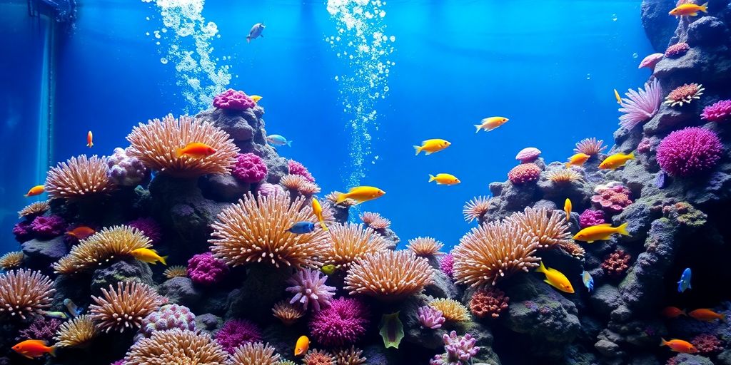 色彩斑斓的盐水珊瑚礁水族箱，里面有鱼和珊瑚。