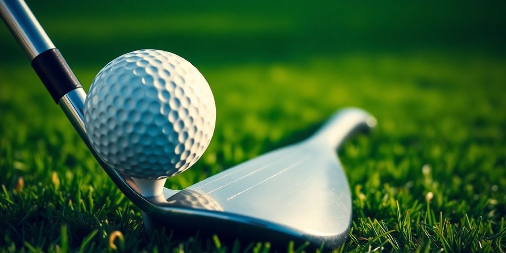 Close-up golf ball, tee, club on green.