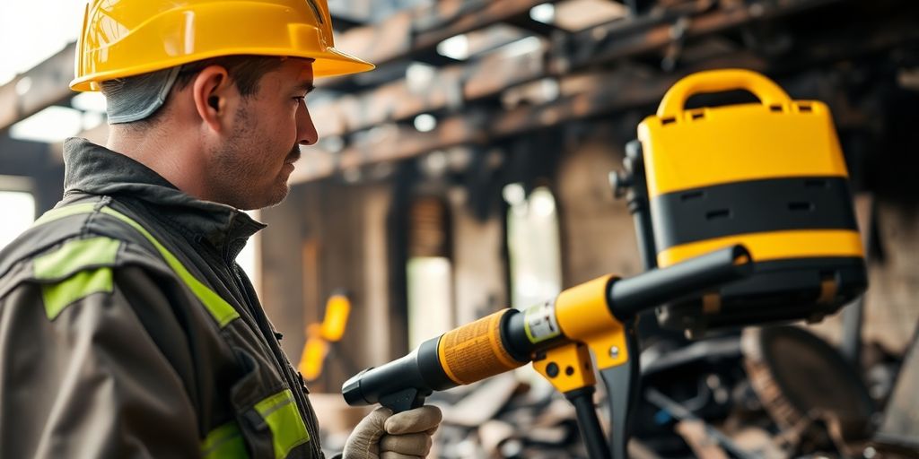 Technician inspecting fire damage at a recovery site.