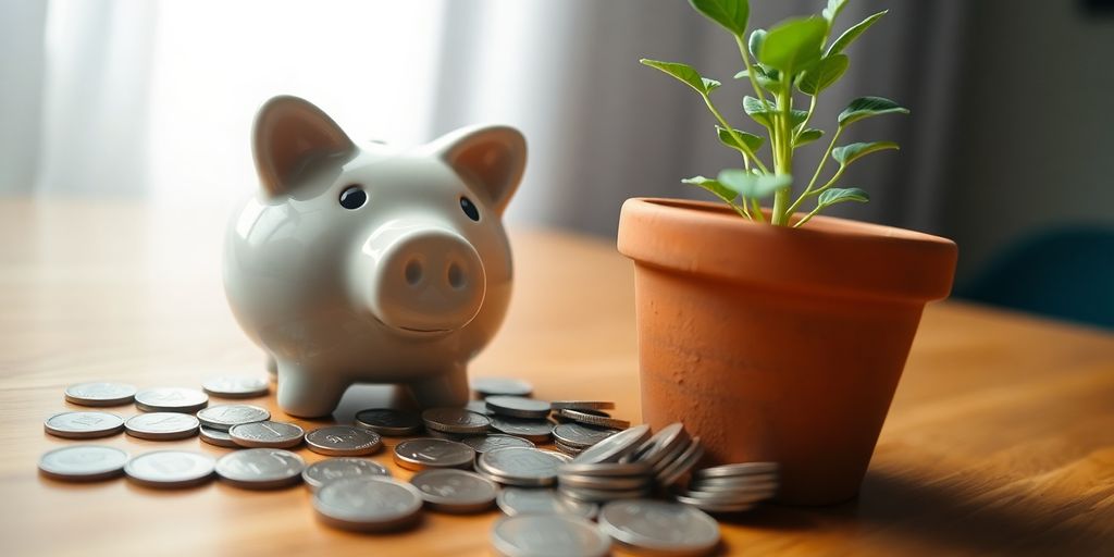 Piggy bank, coins, and small plant on a desk.