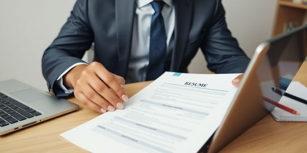 Person reviewing a resume on a desk with a laptop.