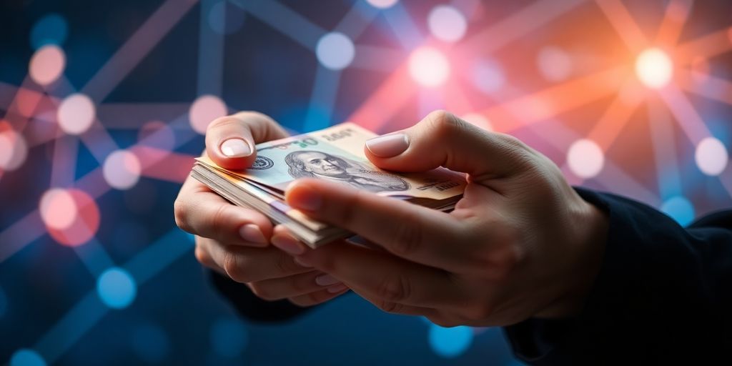 Man smiling, holding cash, digital growth background.