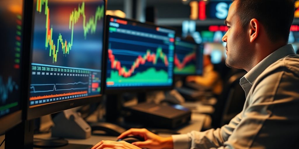 Trader analyzing financial market on multiple screens.