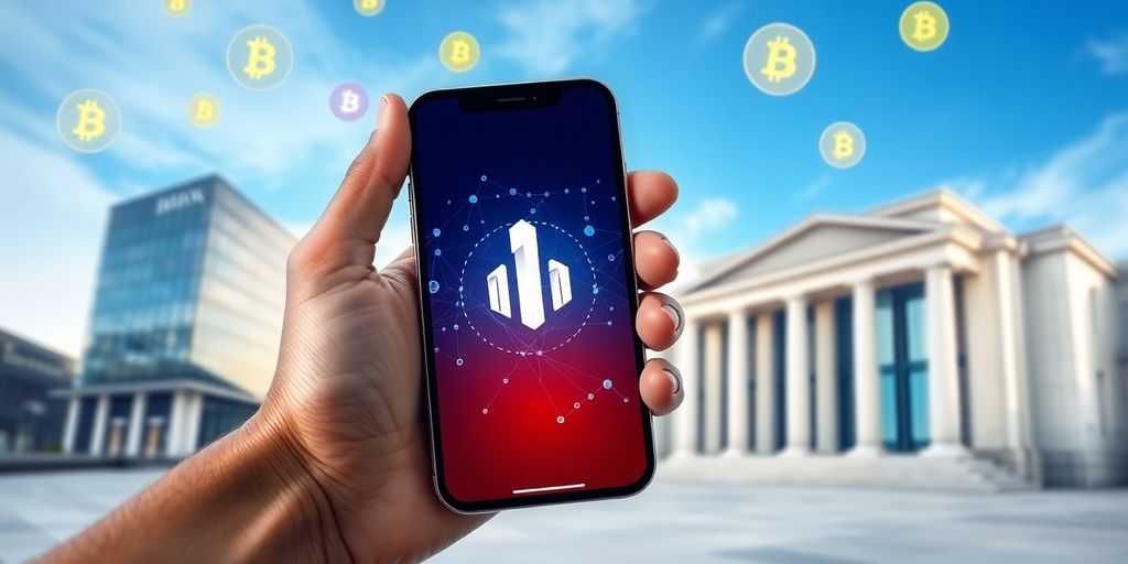 Hand holding smartphone with blockchain app and currency icons.