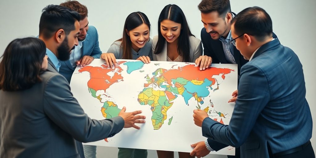 Diverse team collaborating on global marketing strategies.