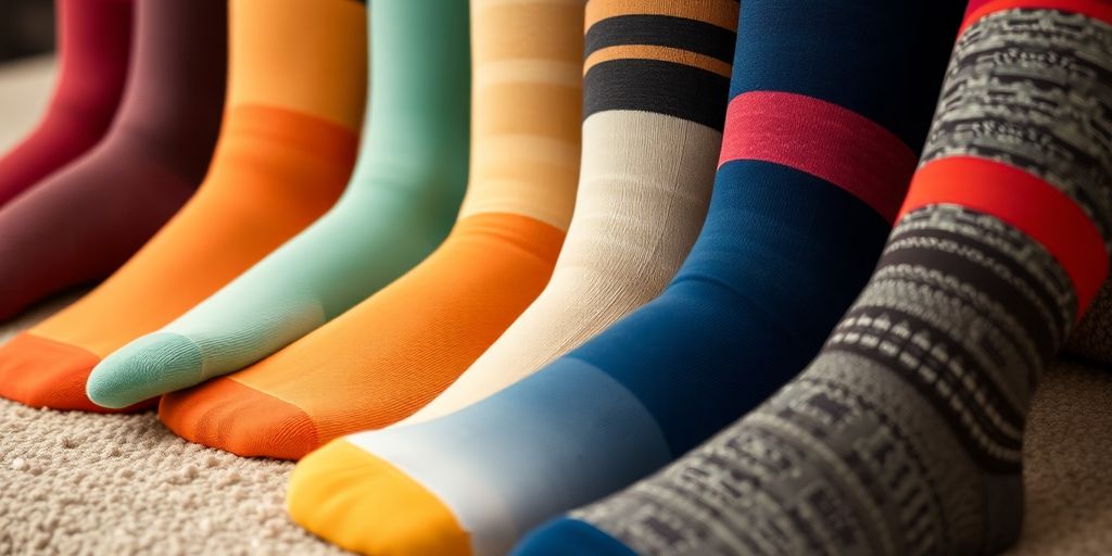 Large compression socks in colorful patterns on display.