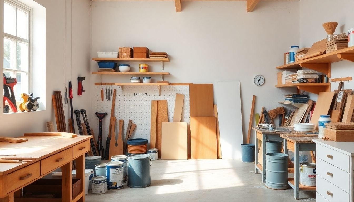 Workspace with tools and materials for refurbishment.