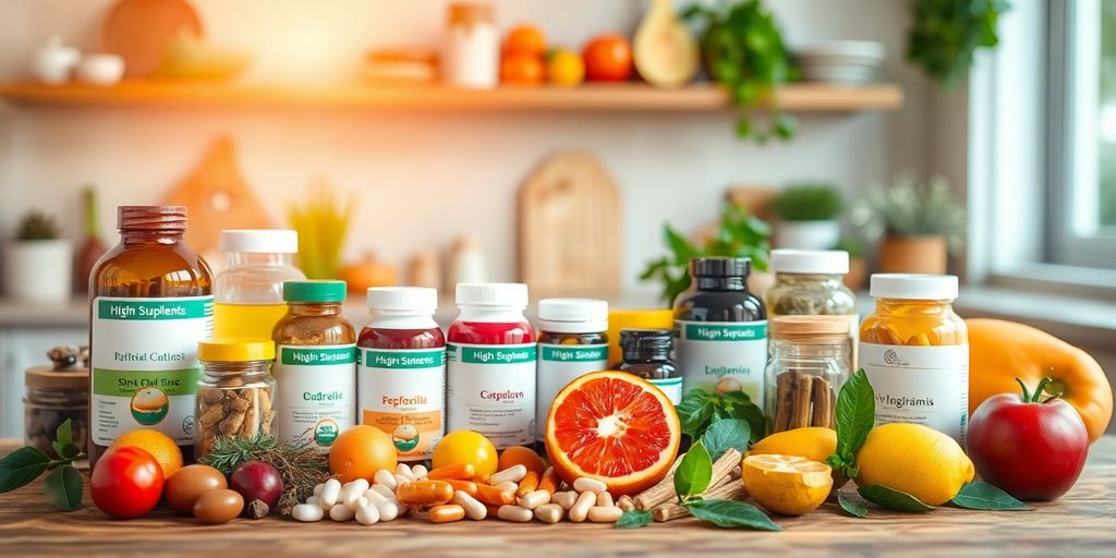 Colorful supplements on a wooden surface with greenery.