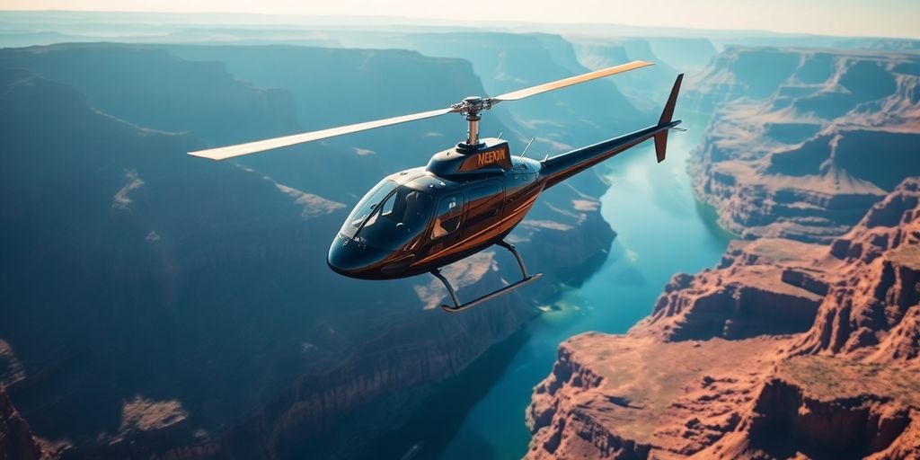 A tour helicopter flies over the Grand Canyon.