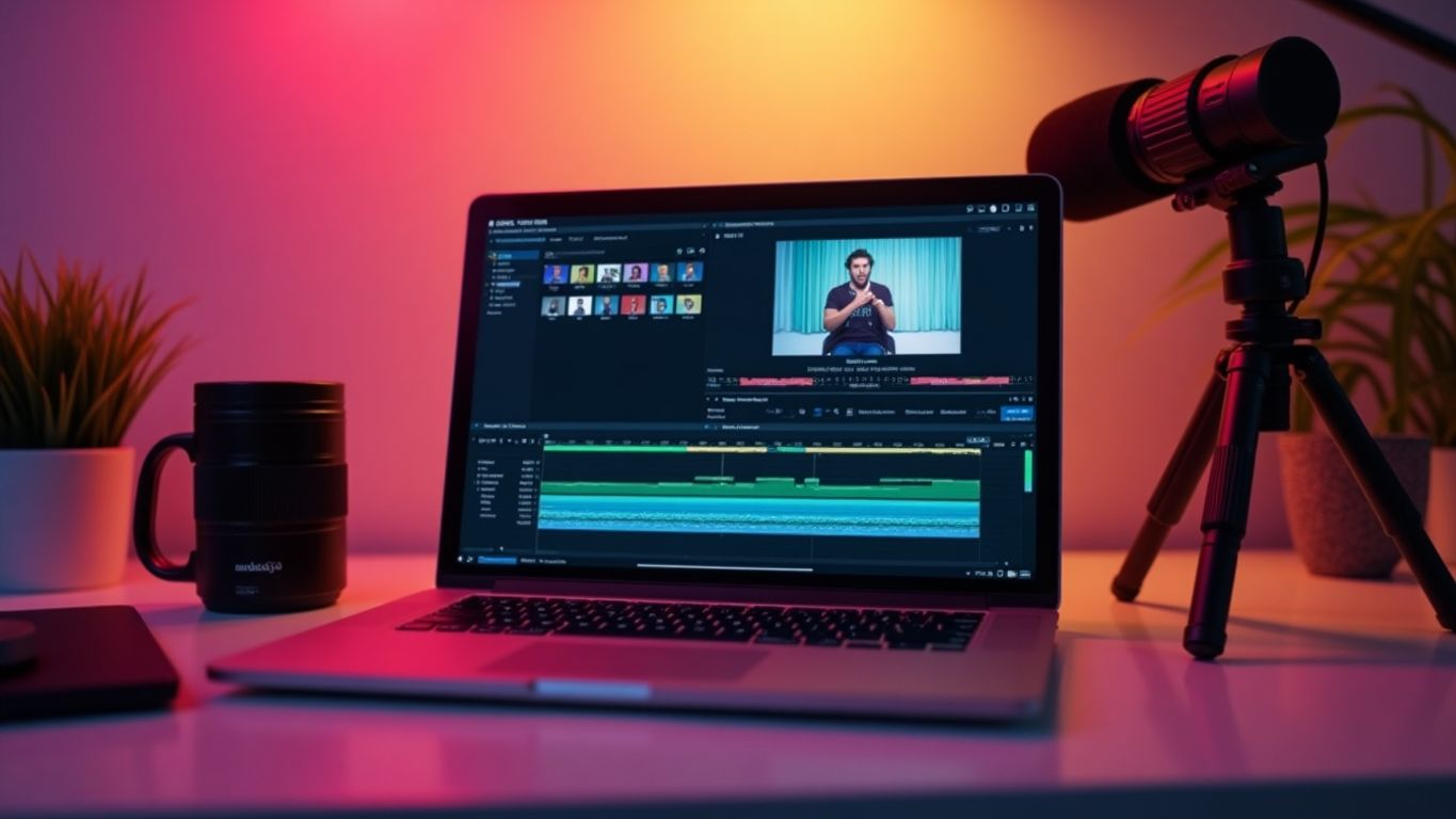 Modern workspace with laptop and video editing tools.