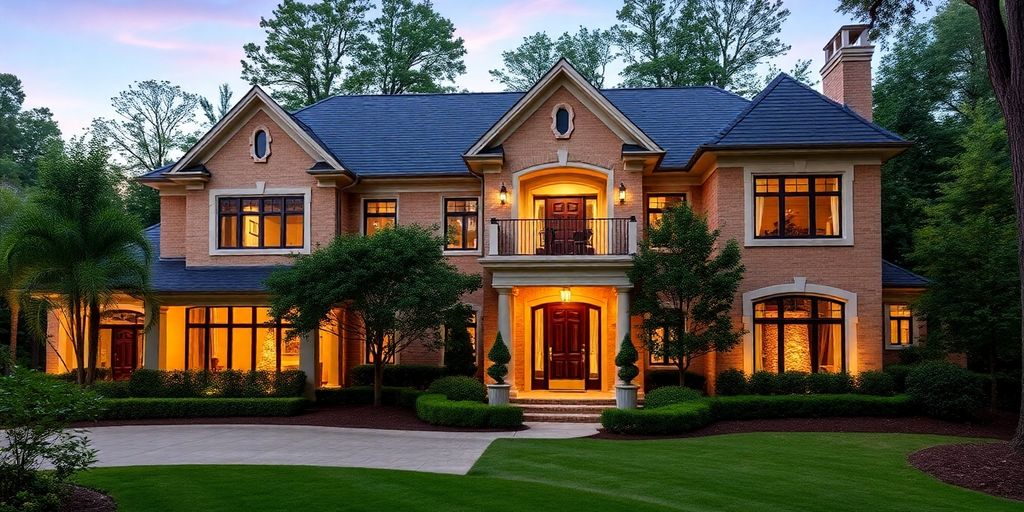 Elegant custom home exterior with manicured landscaping.