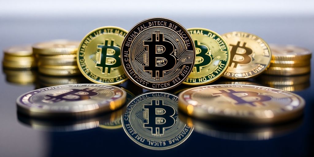 Photograph of various cryptocurrency coins on a surface.