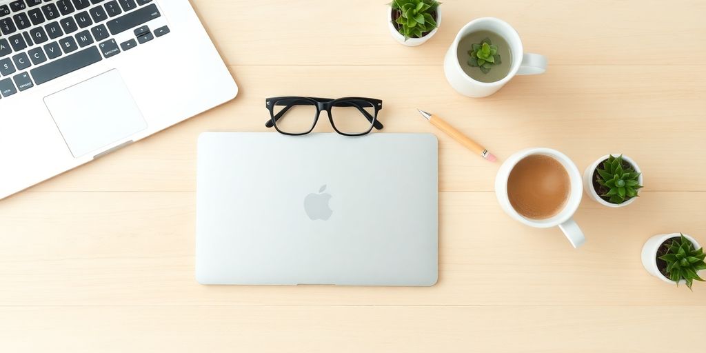 Table, pen, laptop, glasses, coffee, plants.